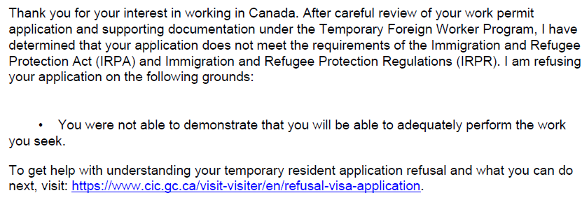 Snapshot of Refusal Letter